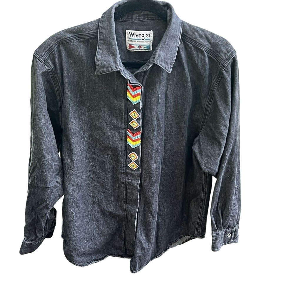 Vintage Wrangler Womens M Aged Black Denim‎ Western Beaded Shirt Rodeo Cowgirl